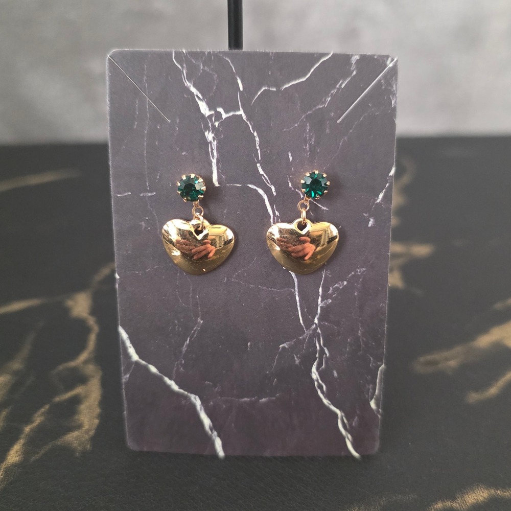 Vintage Gold Tone Heart Drop Earrings Emerald Rhinestone Stud Dainty Dangle Post